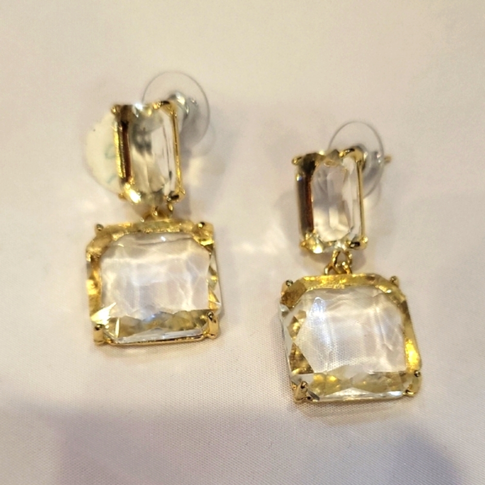 Gold Drop Earrings with Square Gemstones - Picture 2 of 3